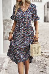 Floral Print Fit Ruffle Sleeve Midi Dress