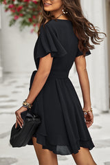 Deep V Cross Belt Fit Tiered Hem Mini Dress