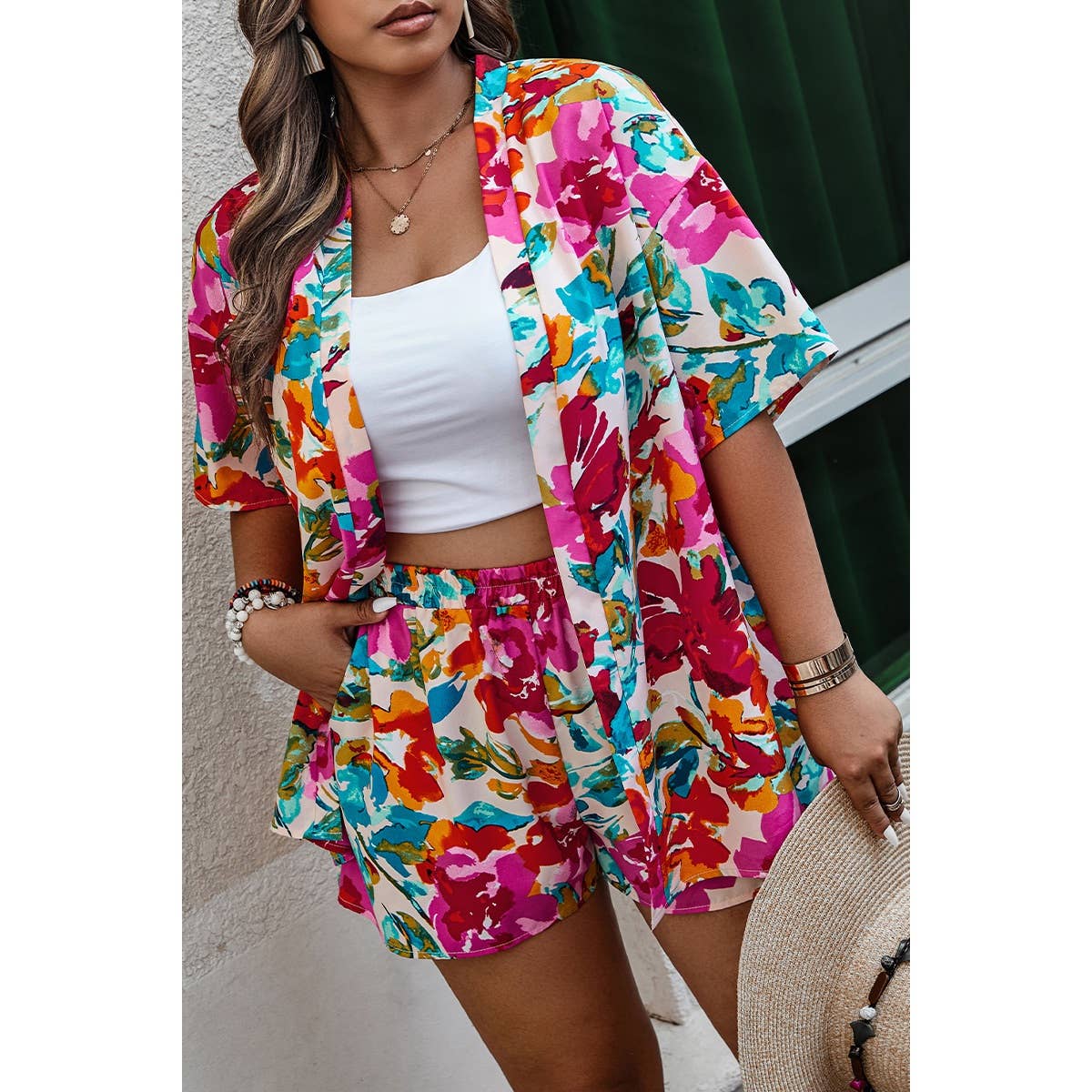 Plus Size Floral Print Open Front Shorts Sets | Top & Pant Set (NOT Loungewear) - Women's | F, new arrival, plus, plus sets | Elings