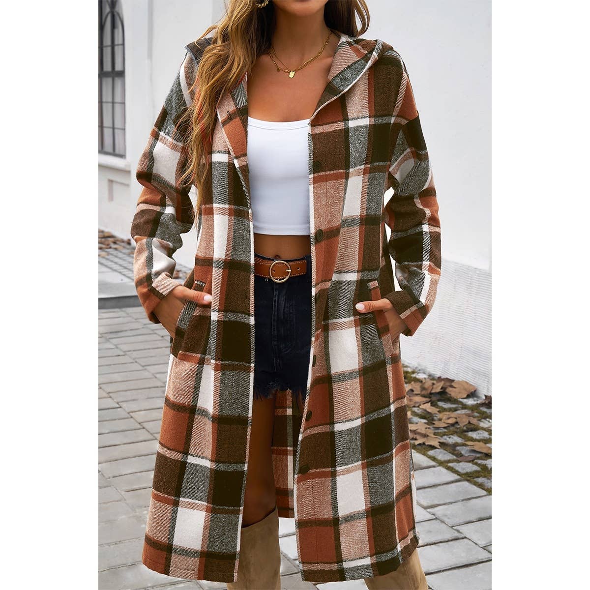 Button Hood Plaid Flannel Trench Corduroy Coat | Coat - Women's | Coat, F, new arrival, shoppe247 | Elings