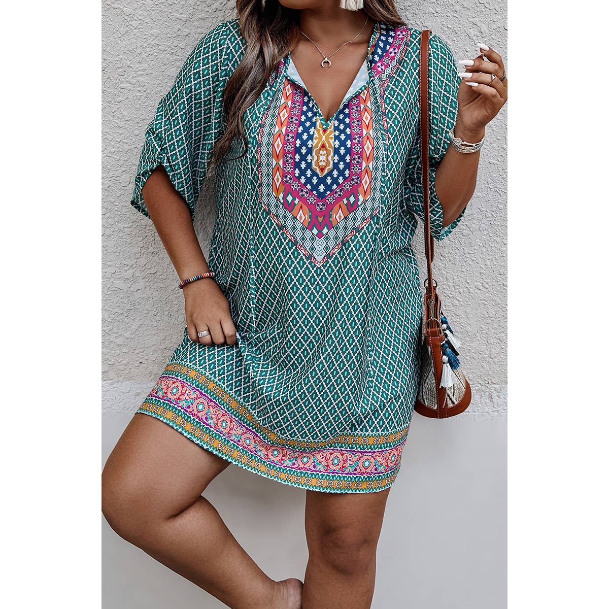 Plus Size V Neck Printed Loose Fit Midi Dress | Dress - Women's | F, new arrival, plus, plus dress | Elings