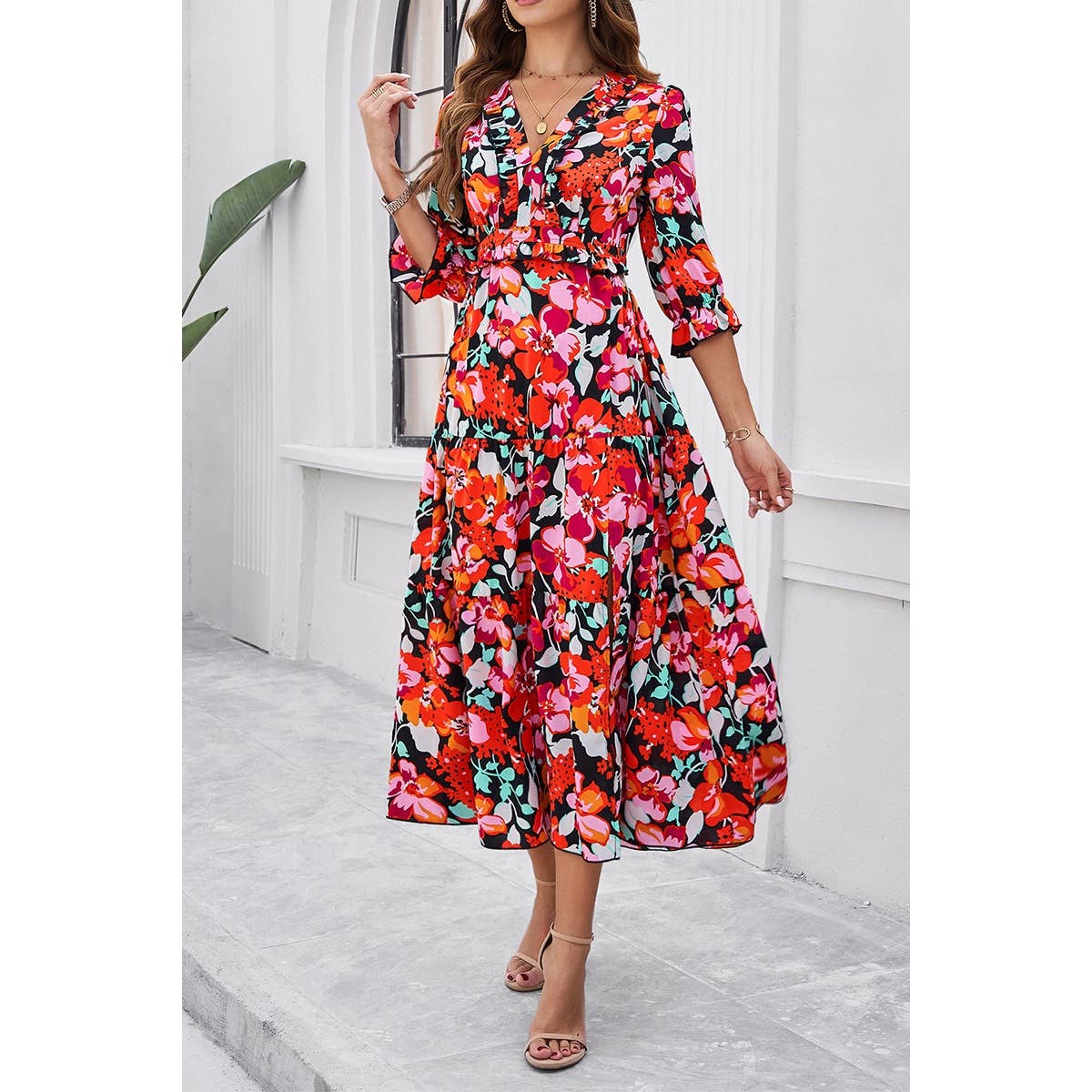 Color Block Floral Ruffle Trim Belt A Line Dress | Dress - Women's | Dress, F, midi dress, new arrival | Elings