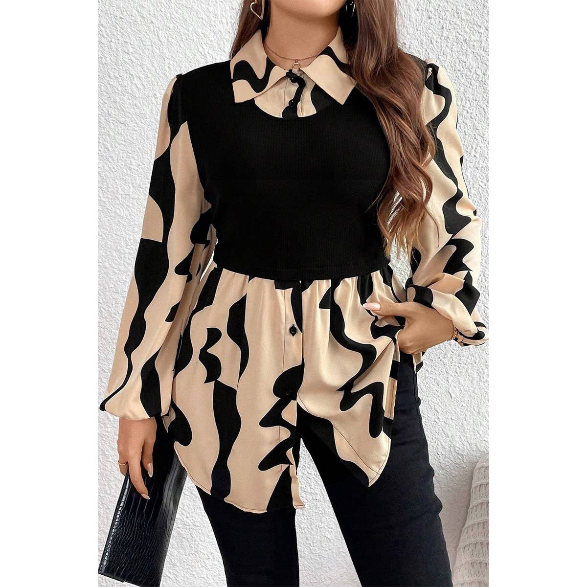 Plus Size Color Block Printed Button Fit Blouse | Blouse - Women's | F, new arrival, plus, Plus tops, shoppe247 | Elings