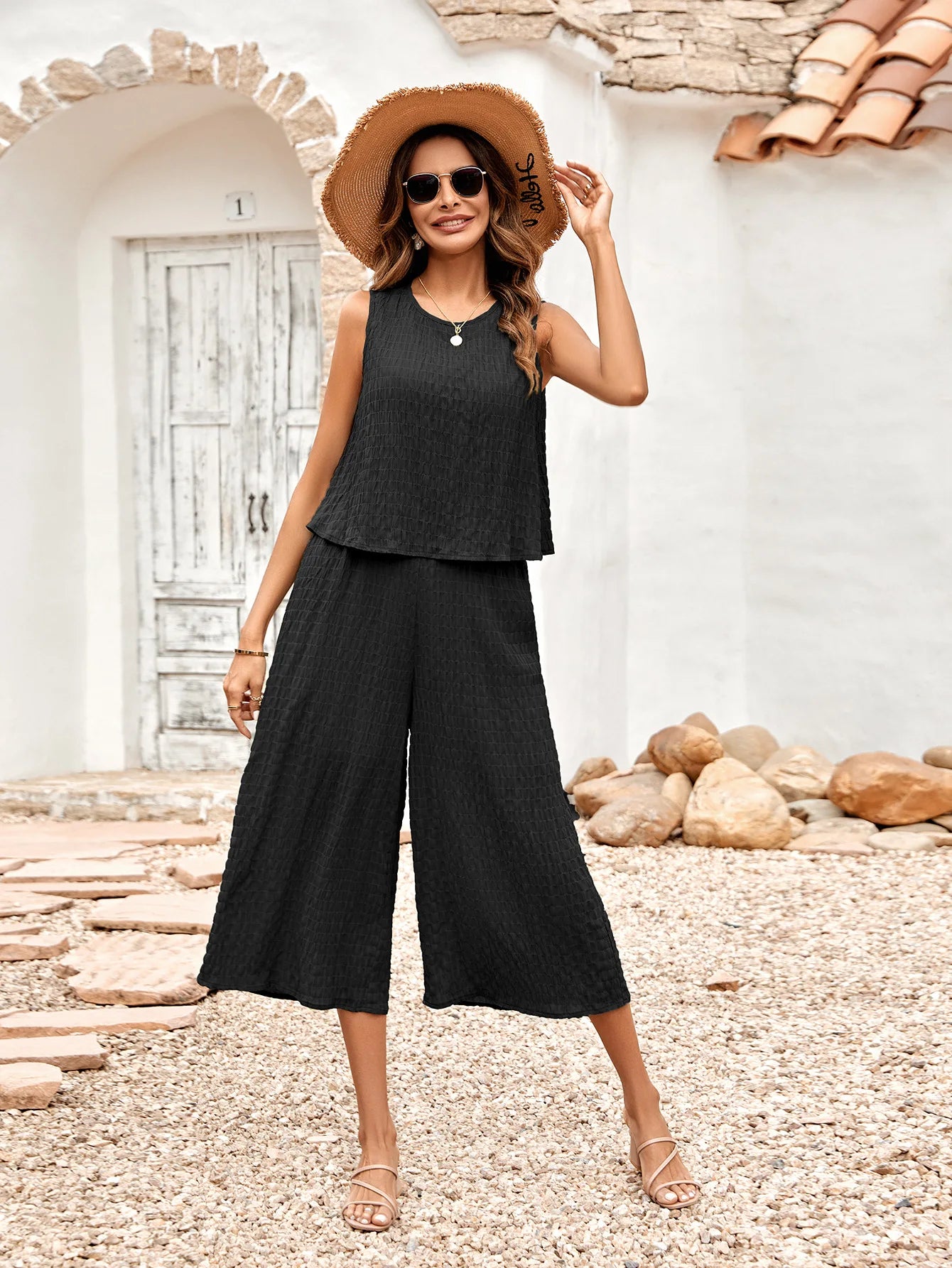 Sleeveless Solid Ruffle Loose Fit Wide Leg Sets