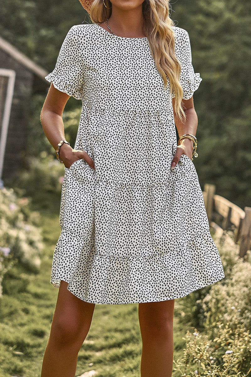 Ditsy Floral Ruffle Trims Sleeves Pockets Dress