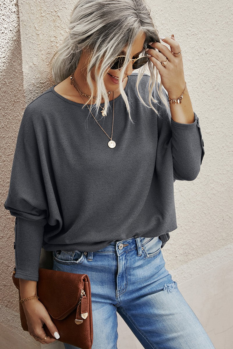 Round Neck Button Long Sleeves Top