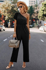 One Shoulder Solid High Waist Fit Jumpsuit