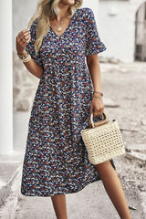 Floral Print Fit Ruffle Sleeve Midi Dress