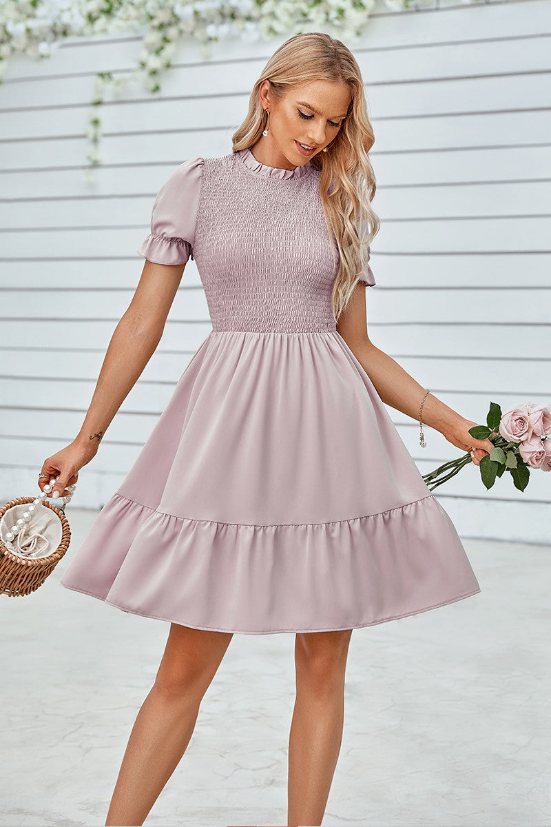 Ruffled Neck Puff Sleeve Dress