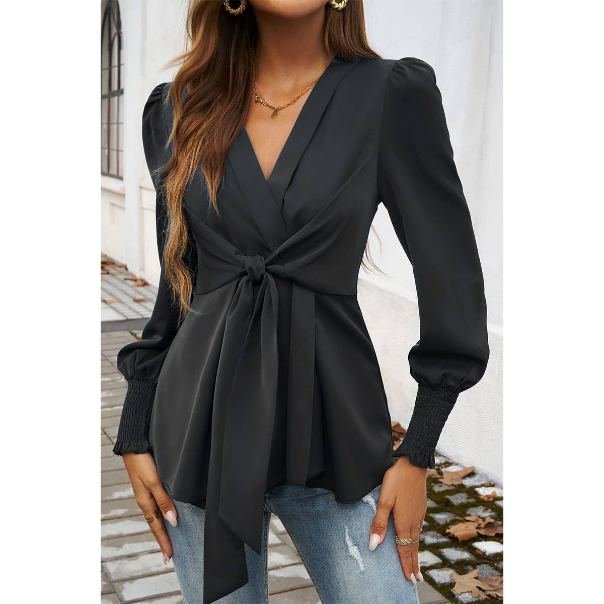 Solid Belt V Neck Bow Knot Lantern Sleeve Blouse | Blouse - Women's | F, Long Sleeve, long sleeve top, new arrival, shoppe247, Top | Elings