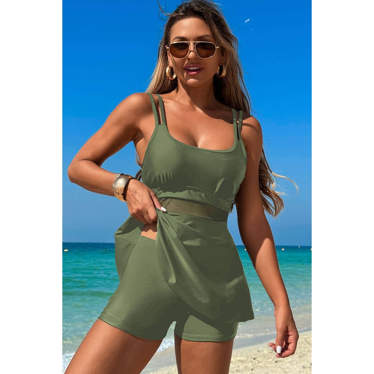 Square Neck Bottom Mesh Two Piece Swimsuit