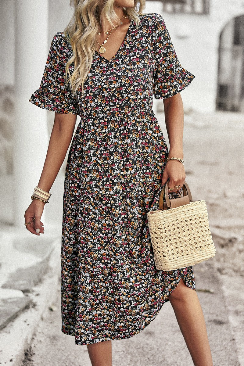 Floral Print Fit Ruffle Sleeve Midi Dress