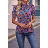 Allover Floral Print Elastic Sleeves Fit Blouse