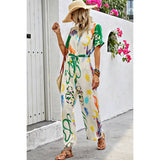 Allover Print Button Up Belt Jumpsuit