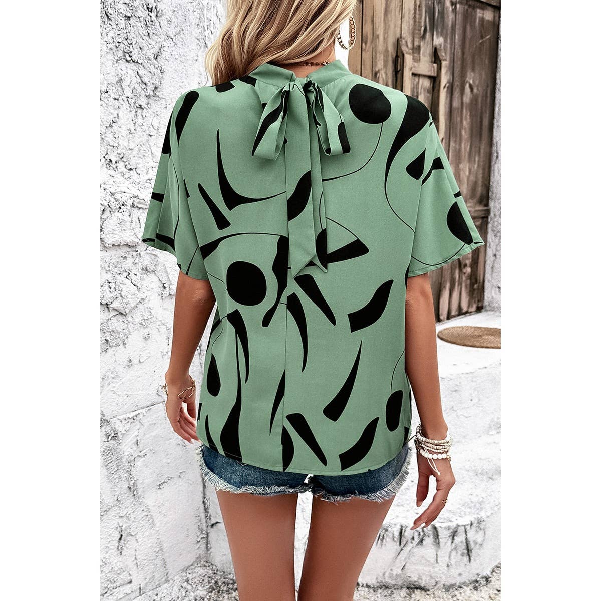 Allover Print Side Knot Short Sleeves Fit Blouse