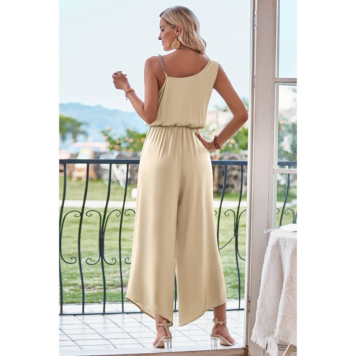 Asymmetric Hem Sleeveless Fit Silk Jumpsuit