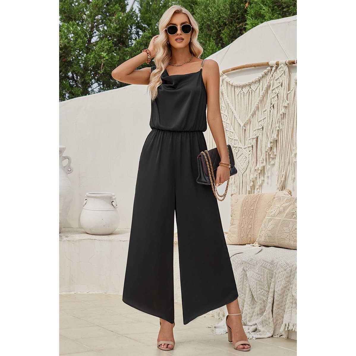 Asymmetric Hem Sleeveless Fit Silk Jumpsuit