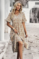 Floral Print Fit Ruffle Sleeve Midi Dress