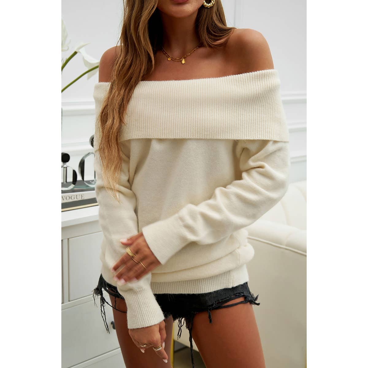 Off Shoulder Solid Knitted Loose Pullover Sweater | Knit Sweater - Women's | F, new arrival, shoppe247, Sweaters | Elings