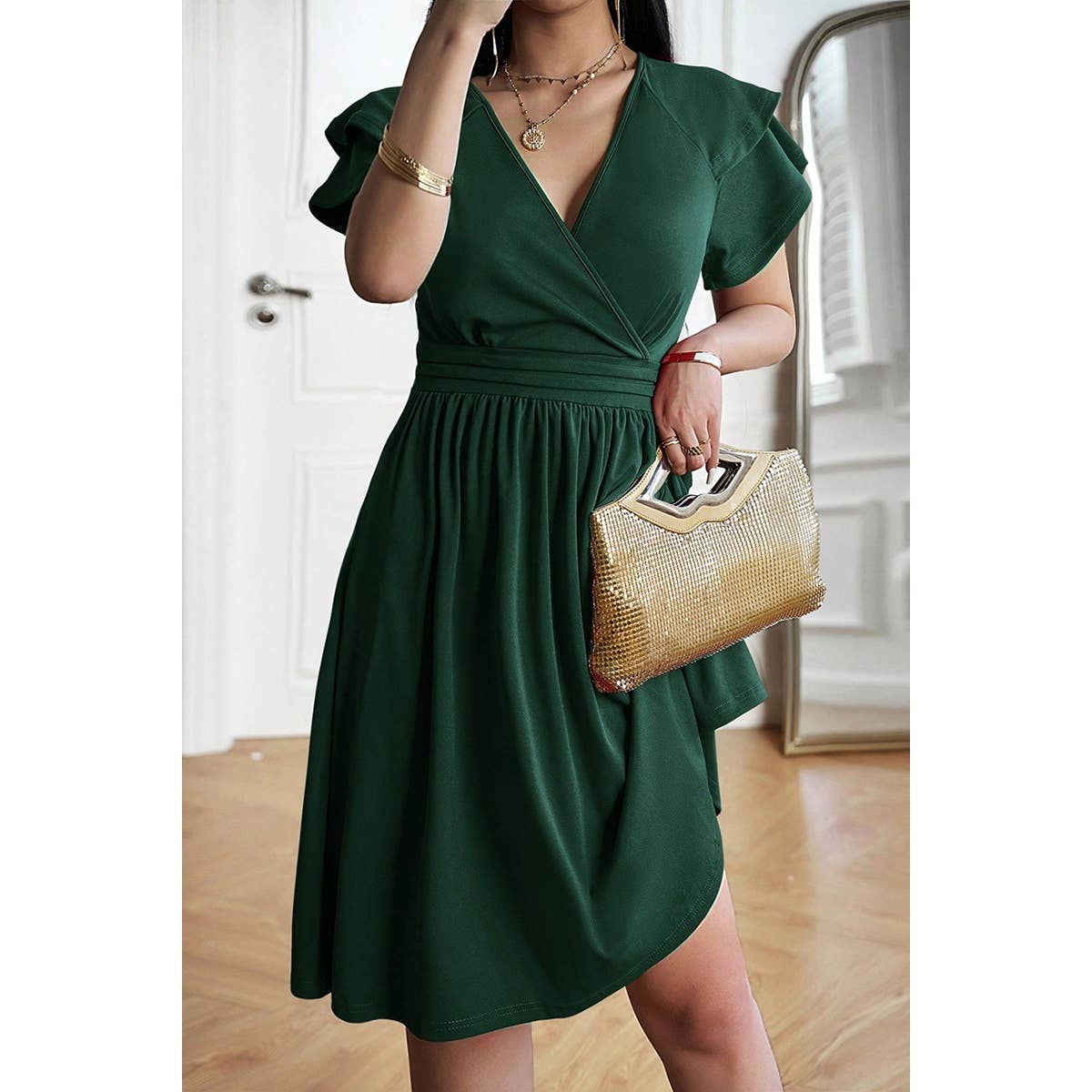 Plus Solid Cross V Neck Ruffle Fit Midi Dress | Dress - Women's | new arrival, pending, plus, plus dress, shoppe247 | Elings