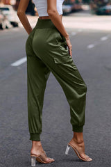 Elastic High Waist Solid Pocket Pants