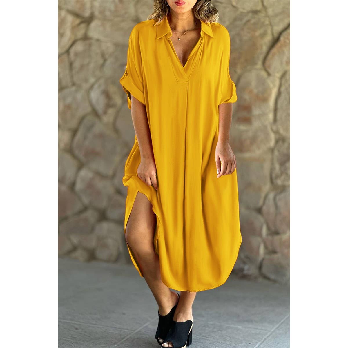 Plus Solid V Neck Button Trim Loose Fit Midi Dress | Dress - Women's | F, new arrival, plus, plus dress | Elings