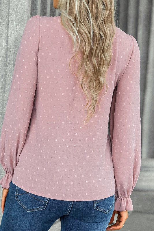 Textured Dotted Bow Tie Button Blouse