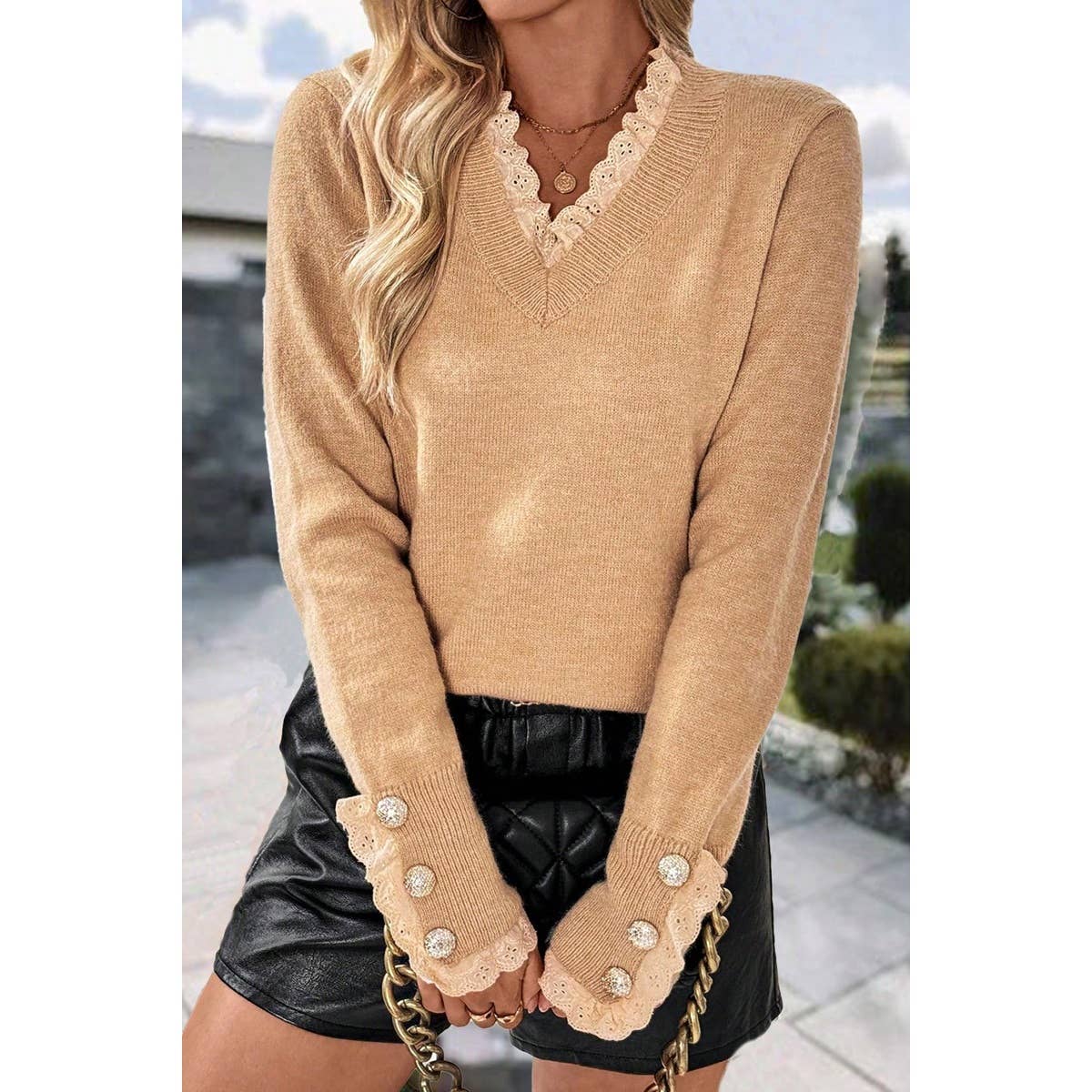 Solid Crew Neck Lace Trim Button Pullover Sweater