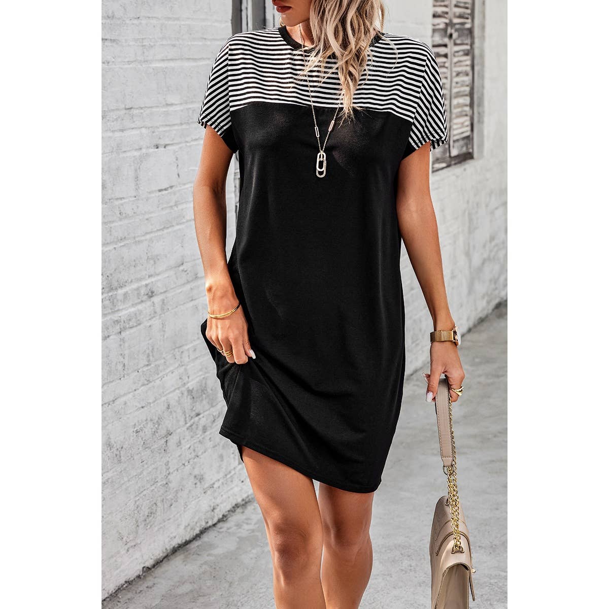 Strip Round Neck Loose Fit Shirt Midi Dress | Dress - Women's | above the knee, Dress, F, new arrival | Elings