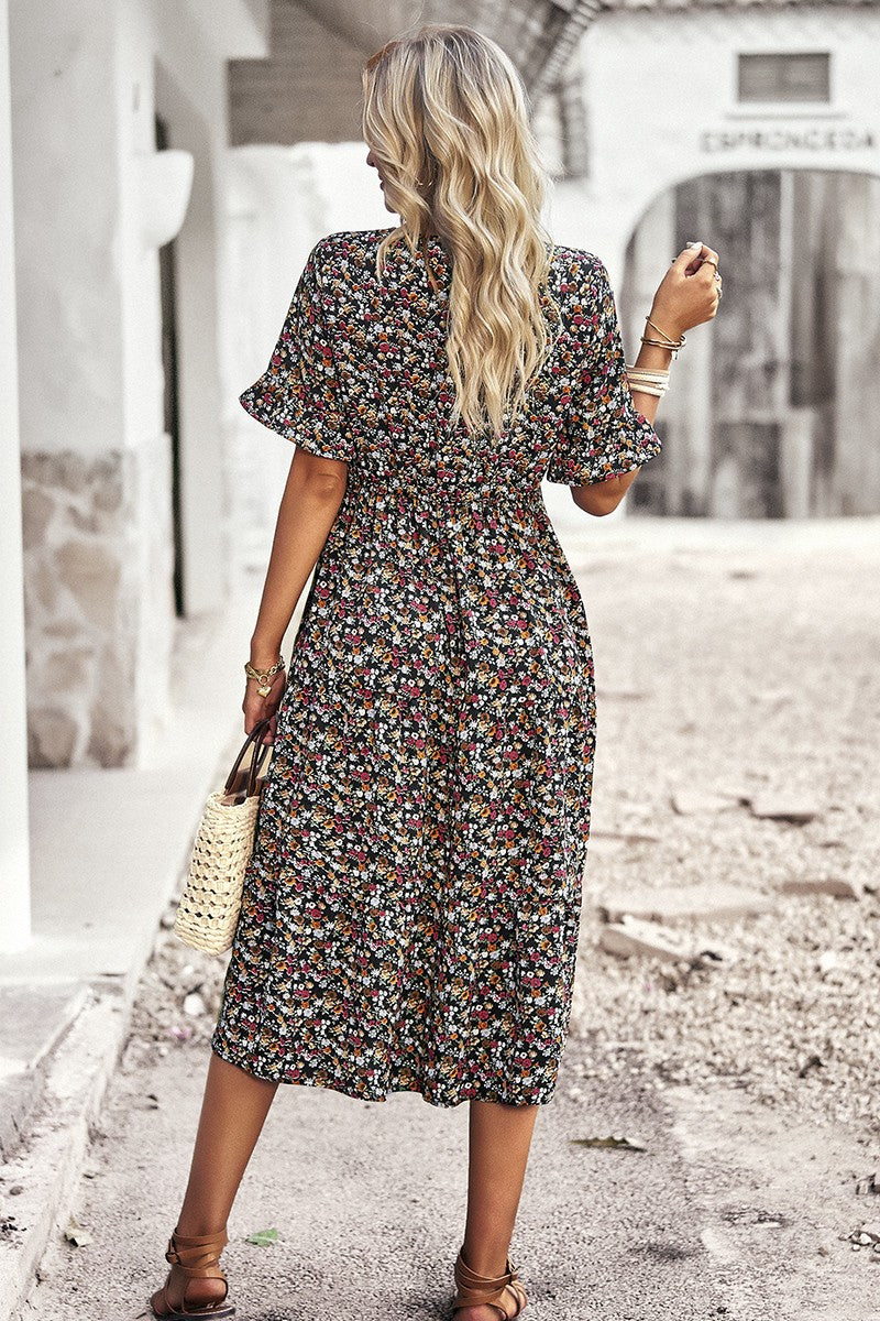 Floral Print Fit Ruffle Sleeve Midi Dress