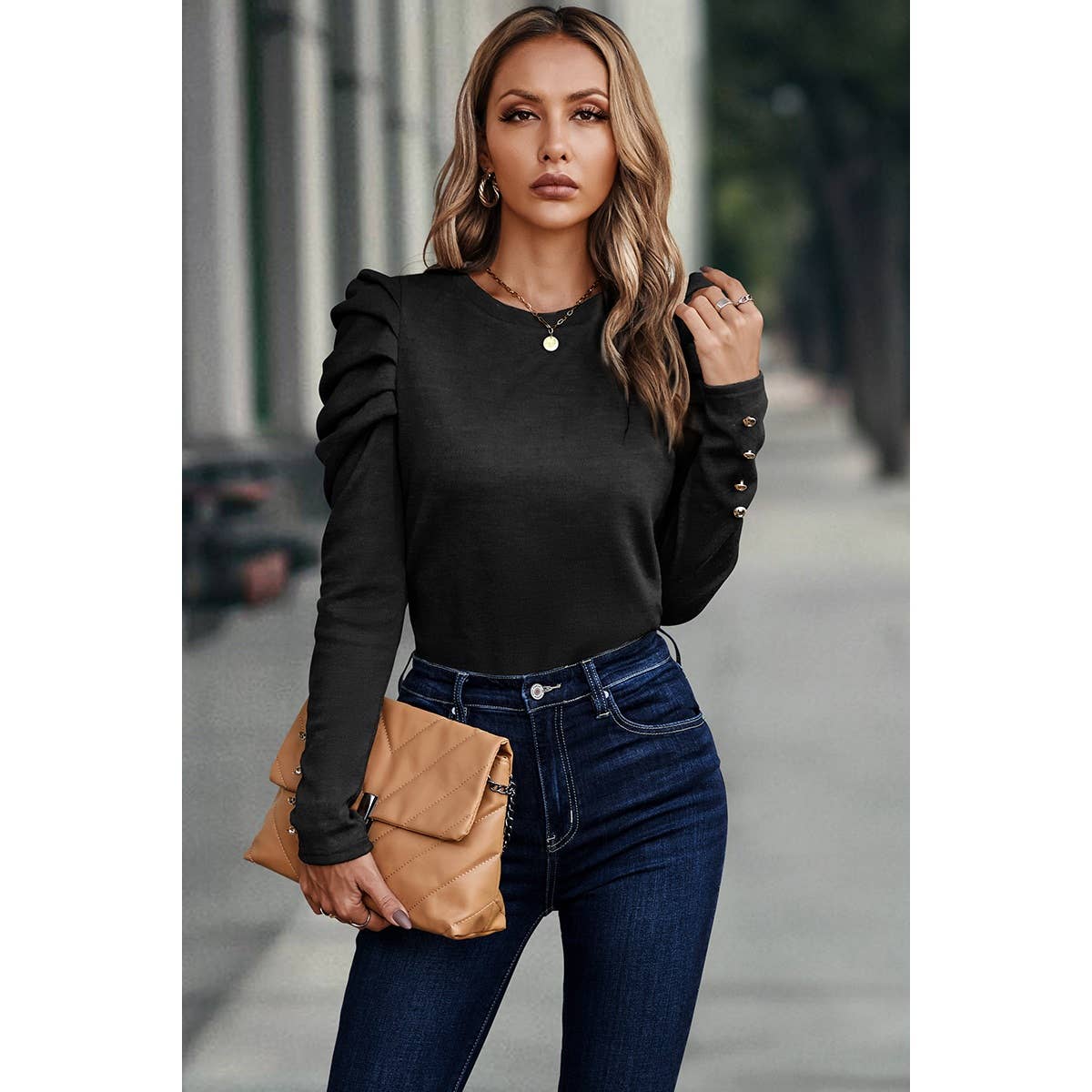 Button Tirm Ruched Sleeves Solid Fit Top - Elings