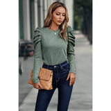 Button Tirm Ruched Sleeves Solid Fit Top - Elings