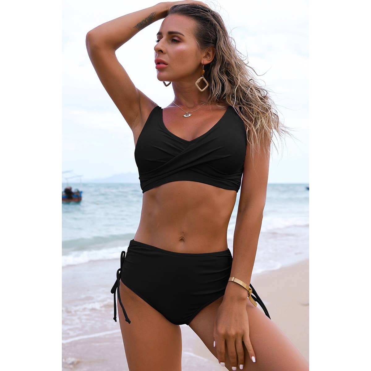 Two Pieces Solid Cross Ruched Sleeveless Bikini