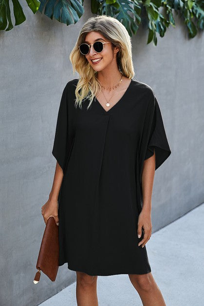 Vneck Dolman Sleeves Pleat Front Shift Dress