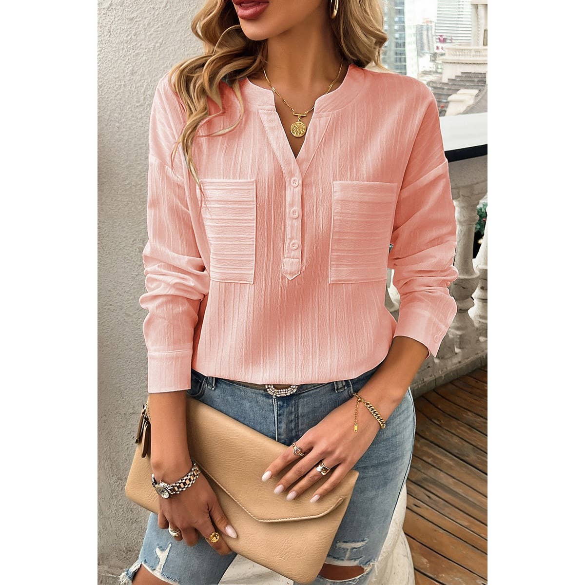 Pleated V Neck Pockets Button Drop Shoulder Blouse