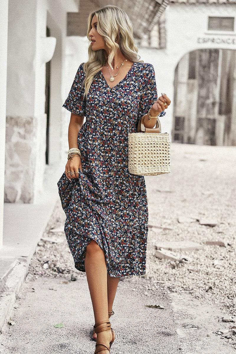 Floral Print Fit Ruffle Sleeve Midi Dress