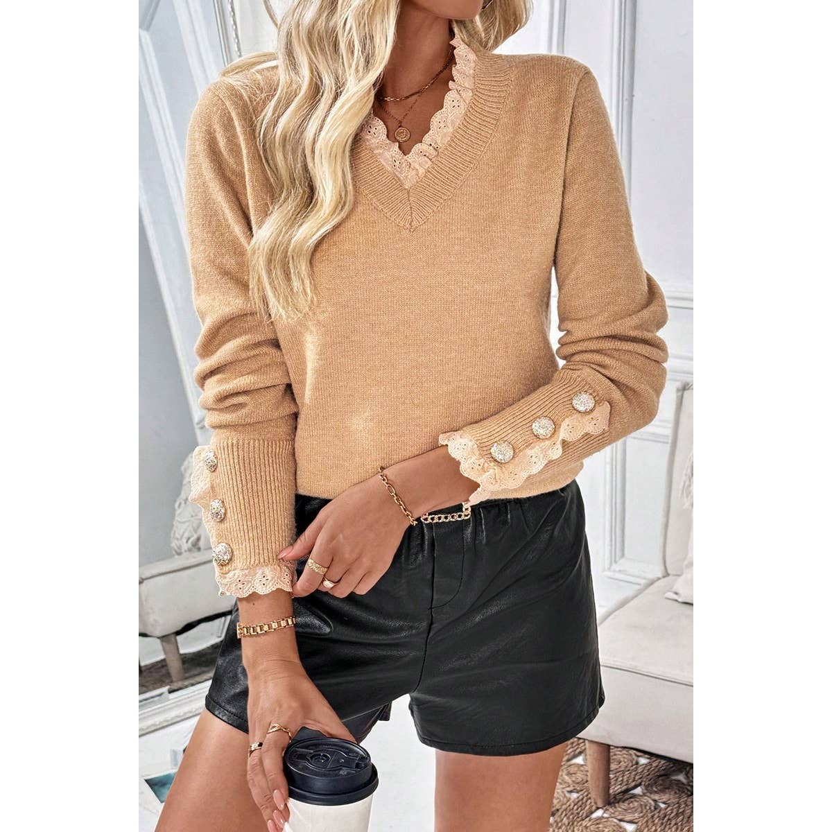 Solid Crew Neck Lace Trim Button Pullover Sweater