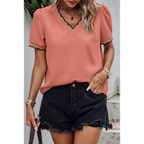 Elastic Puff Sleeves Hem V Neck Loose Fit Shirt | Blouse - Women's | F, new arrival, short sleeve top, Top | Elings