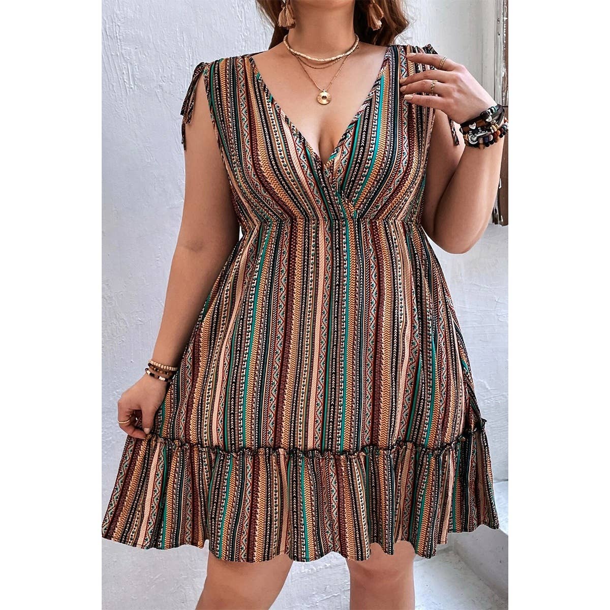 Plus Size Strip Deep V Neck Fit Ruffle Midi Dress | Dress - Women's | F, new arrival, plus, plus dress | Elings