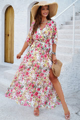 Floral Cross V Neck Belt Side Open Fit Dress - ELINGS.COM