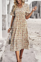 Floral Print Fit Ruffle Sleeve Midi Dress