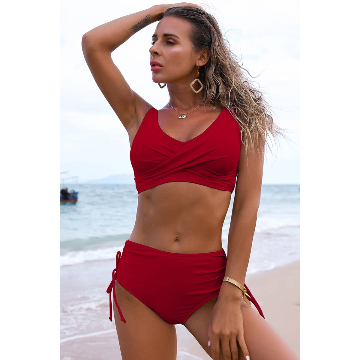 Two Pieces Solid Cross Ruched Sleeveless Bikini