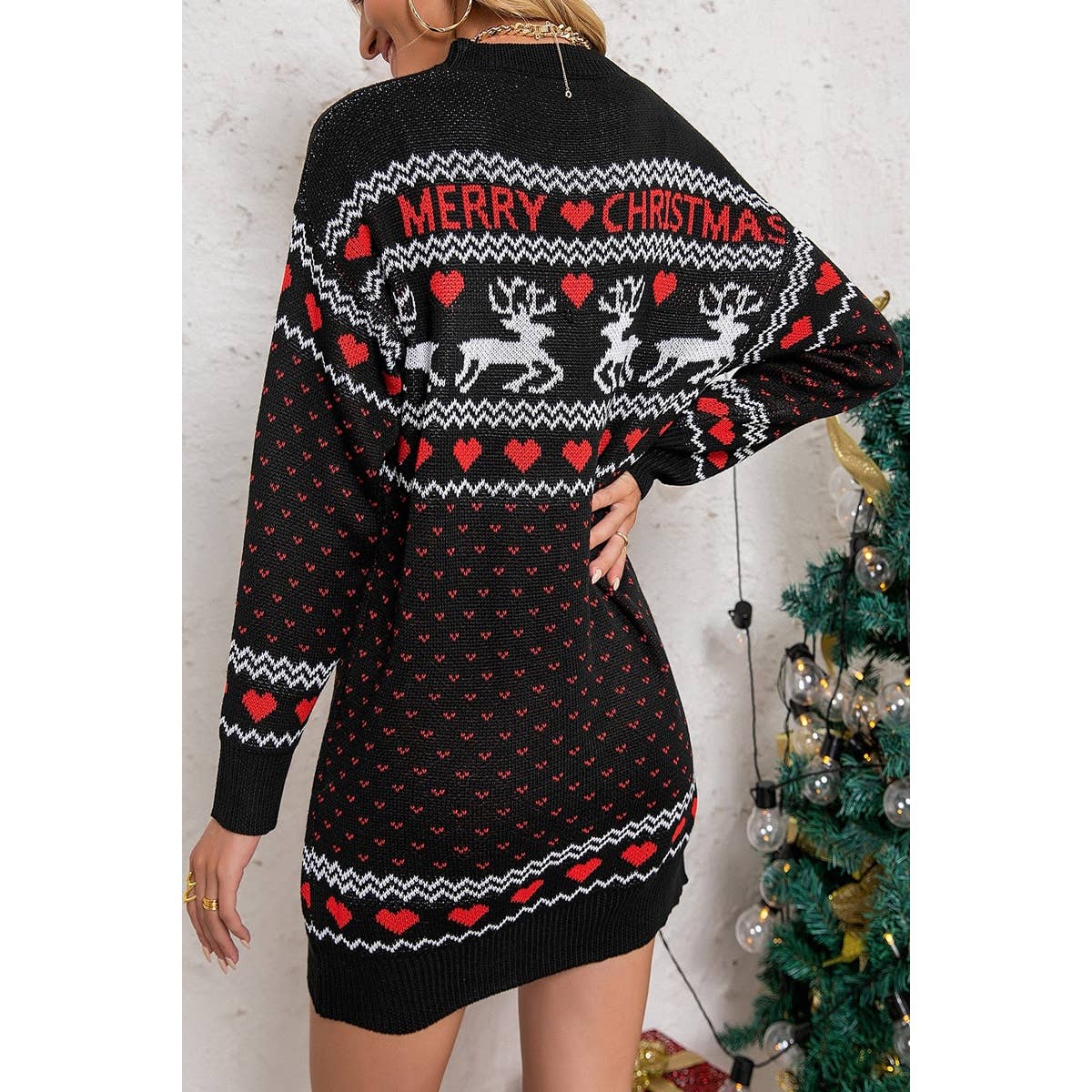 Christmas Pattern Crew Neck Knitted Sweater Dress