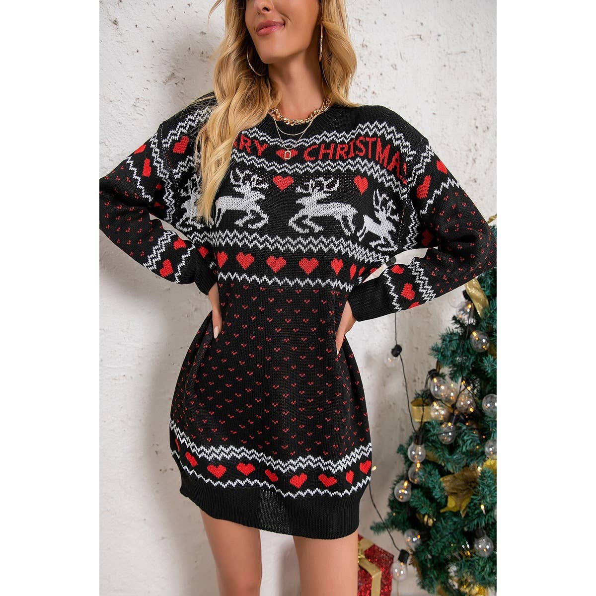 Christmas Pattern Crew Neck Knitted Sweater Dress