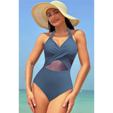 Color Block Halter Cross Lace One Piece Swimsuit