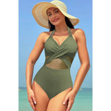 Color Block Halter Cross Lace One Piece Swimsuit