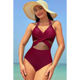 Color Block Halter Cross Lace One Piece Swimsuit