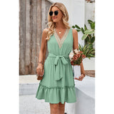 Color Block Lace V Neck Belt Sleeveless Dress