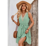 Color Block Lace V Neck Belt Sleeveless Dress