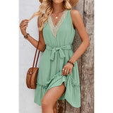 Color Block Lace V Neck Belt Sleeveless Dress